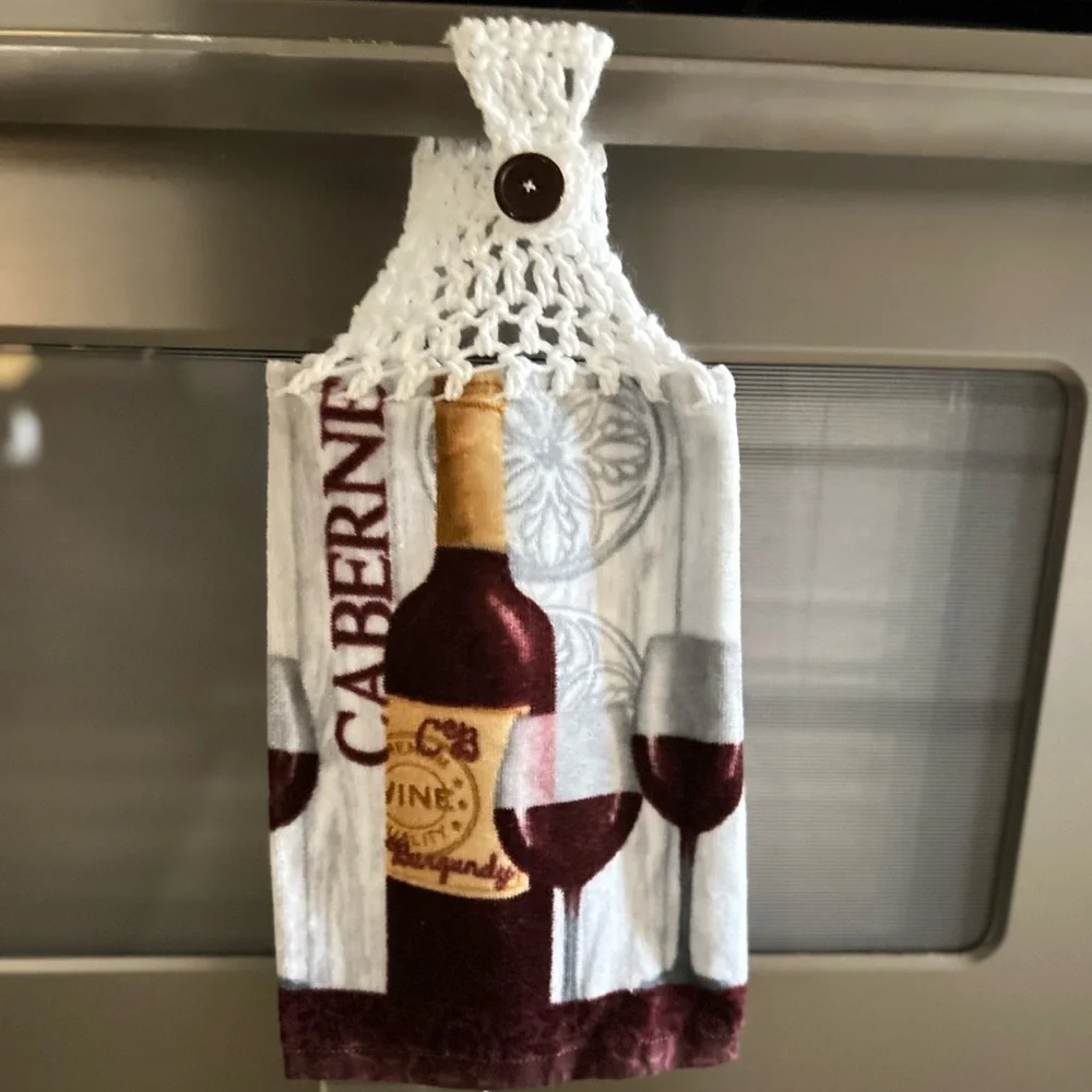 Hand Crafted Cabernet Wine Hanging Kitchen Towel with Burgundy and White Design